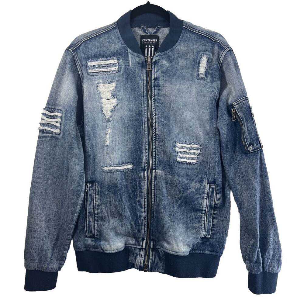Contender Men's Distressed Multi Pocket Zip Up Cotton Denim Jean Jacket Size M